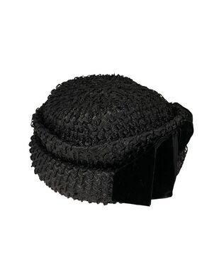 Vintage Piko Montreal New York Black Woven Straw Hat With Velvet Bow Accent Wome
